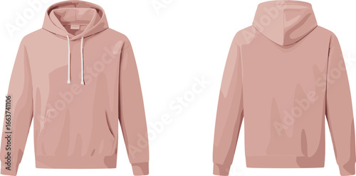 Dusty pink hoodie mockup front and back, casual sweatshirt template, vector flat design, clothing fashion illustration, blank apparel for branding or print design