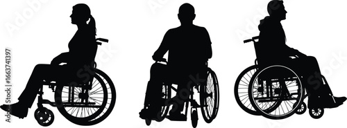 Silhouette Vector of Three Wheelchair Users in Different Seated Positions for Disability Awareness, Accessibility, Mobility Aid, and Inclusive Design Concepts