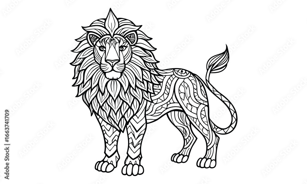 Obraz premium West African Lion vector t shirt design silhouette and detailed line art, high-quality illustration, perfect for adult coloring books, stress relief, relaxation, and printable art therapy.
