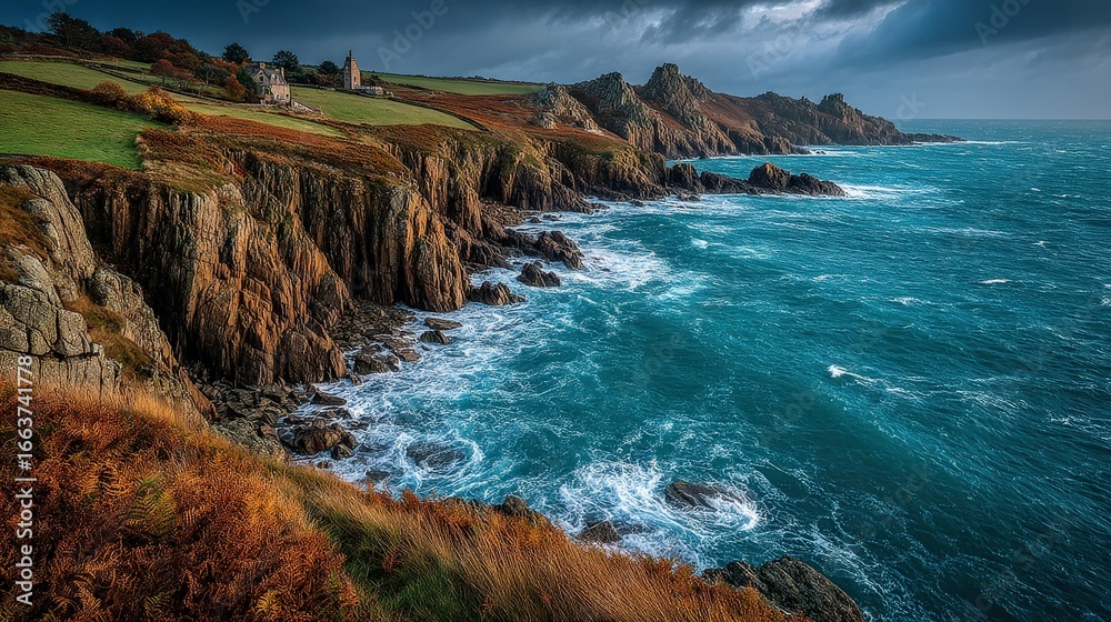 Fototapeta premium Dramatic coastal landscape with rugged cliffs, blue ocean waves, and stormy skies