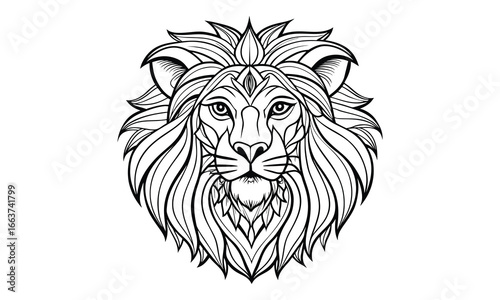 West African Lion vector t shirt design silhouette and detailed line art, high-quality illustration, perfect for adult coloring books, stress relief, relaxation, and printable art therapy.