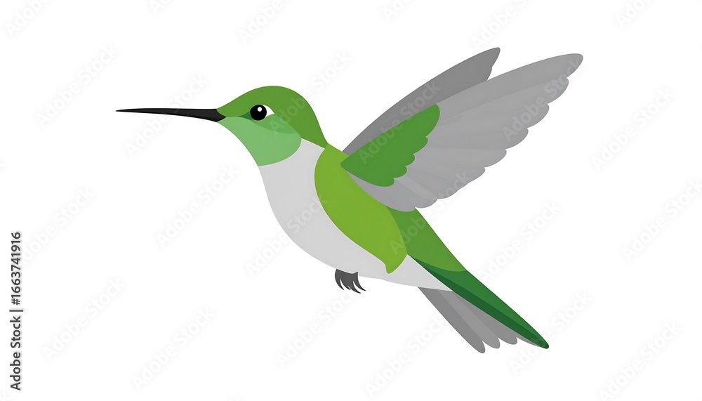 Obraz premium Elegant hummingbird illustration in vibrant green and gray against white background showcases