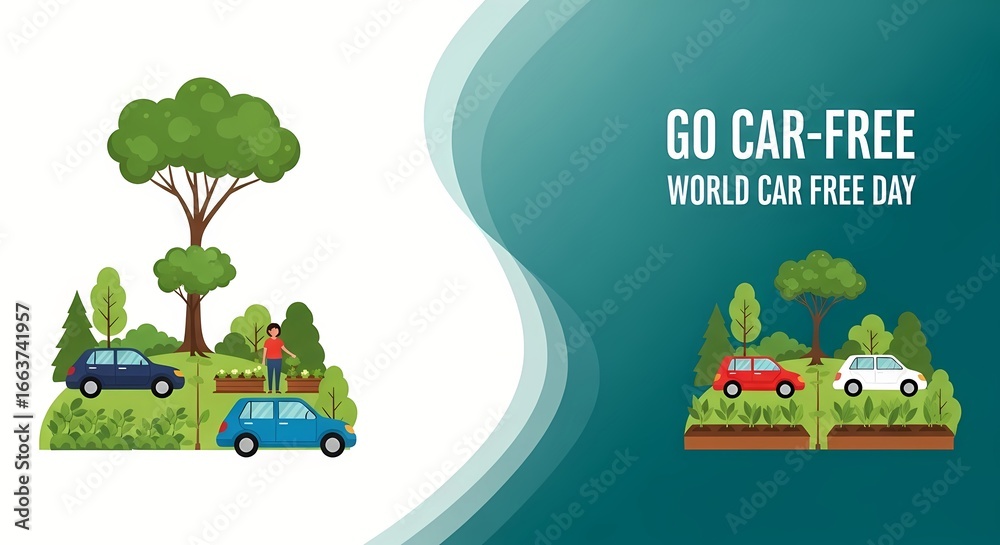 Fototapeta premium Go car-free day concept with nature and urban car-free scenes for environment awareness campaigns