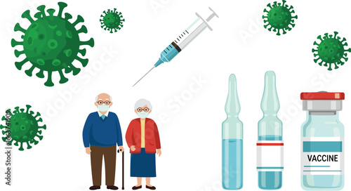 Elderly couple vaccination, virus protection with syringe and medical vials, cad drawing flat vector illustration, COVID-19, healthcare, immunity