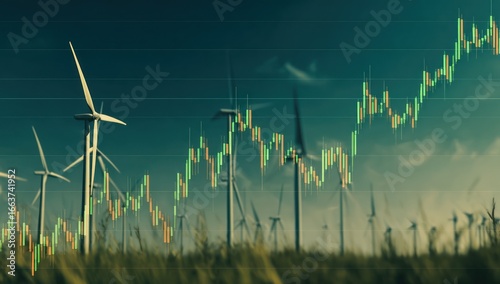 Wind turbines and rising stock chart over a field