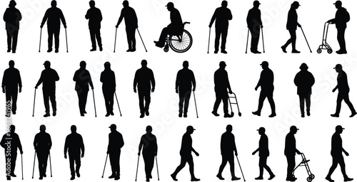 Elderly people silhouettes, walking with canes, walkers, wheelchair users, mobility aid figures, aging population support, disabled senior lifestyle, healthcare concep