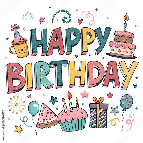 Creative paper card cutting on orange color background. Happy Birthday text.