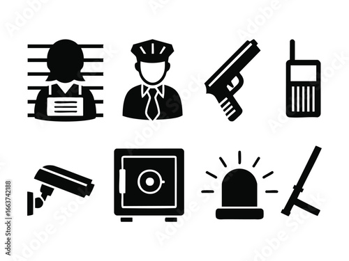 Security and Law Enforcement Icon Set – Police, Safety, Crime, Surveillance