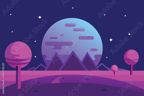 A whimsical vector landscape with a large planet, stylized trees, and distant mountains under a starry sky, evoking a sense of fantasy