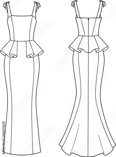 CAD Elegant evening gown with peplum detail, front and back view, cad drawing flat vector illustration, fashion sketch, stylish dress template