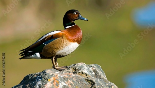 Elegant ringed teal duck perched proudly on a weathered rock pedestal