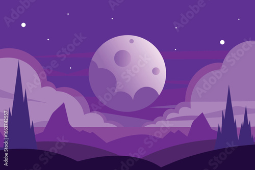 A dreamy purple night landscape featuring a full moon surrounded by clouds, mountains, and stars, creating a serene and magical atmosphere