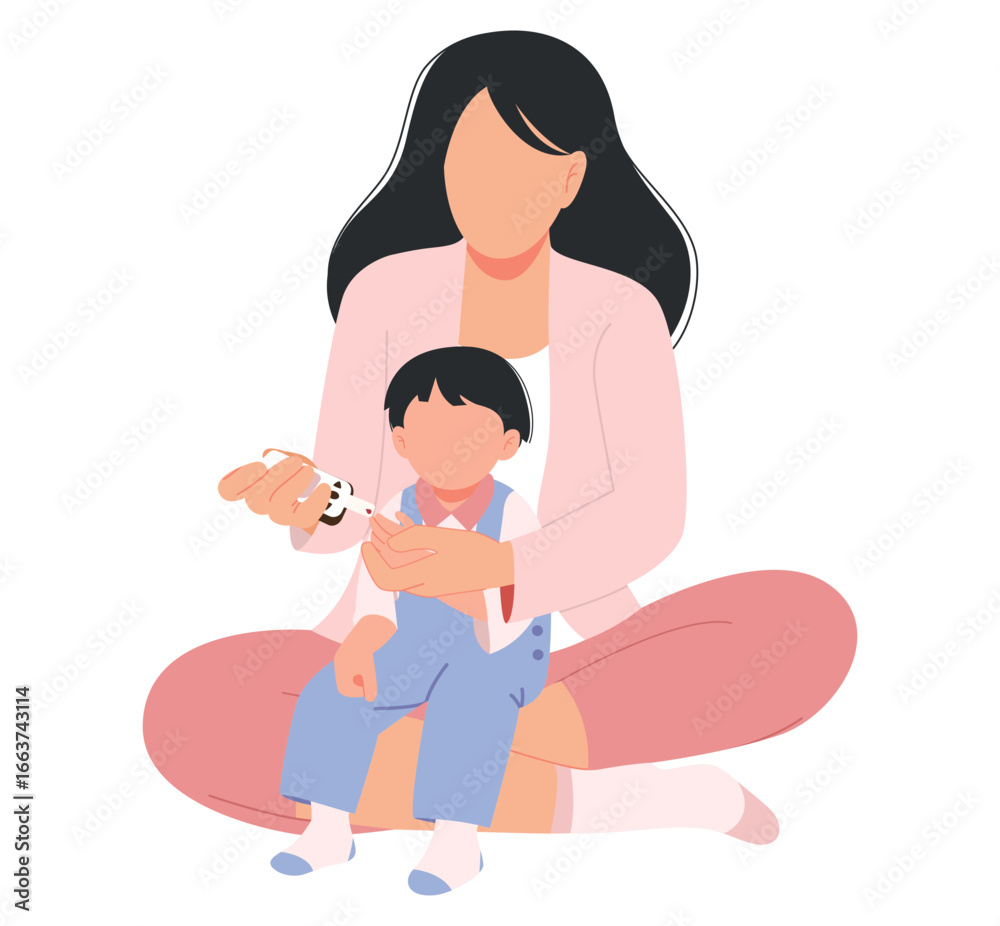 Obraz premium A mother is measuring her son's blood glucose level.