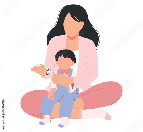 A mother is measuring her son's blood glucose level.