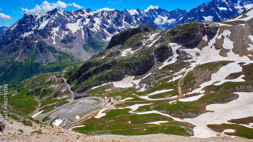 Quadro em tela View of the switchbacks at Col du Galibier – famous alpine climb during the Tour de France, winding road leading to the summit in the French Alps