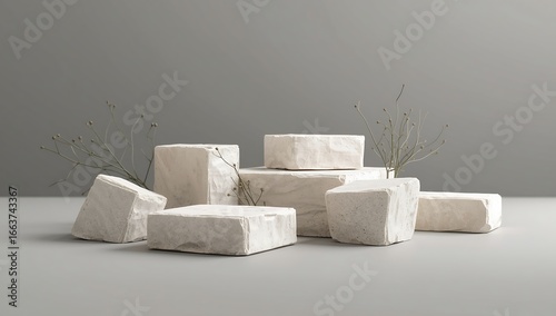 Minimalist stone podium arrangement with subtle plant accents, ideal for product display and presentation in a modern, abstract studio setting with copy space