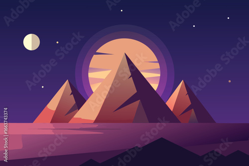 A captivating desert landscape featuring majestic pyramids under a starlit night sky, with a radiant moon casting shadows across the sandy dunes