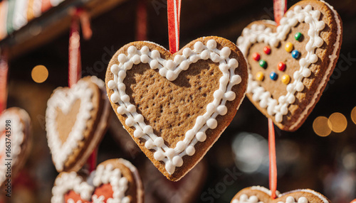 Festively decorated gingerbread hearts symbolizing cherished European market tradition