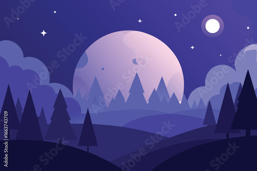 A dreamy night scene with a full moon illuminating a dense forest, creating a peaceful and enchanting landscape under a starry sky