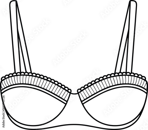 Elegant women’s lingerie bra design, lace detail, flat technical fashion sketch, vector illustration, front view, stylish undergarment CAD drawing