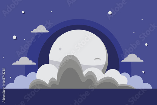 Serene moonlit night scene with fluffy clouds and twinkling stars, creating a peaceful and dreamy atmosphere in the dark sky illustration