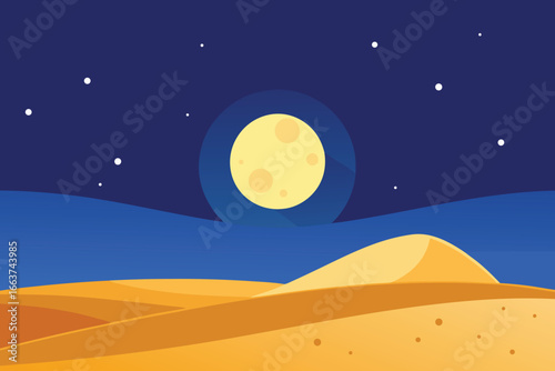 A serene desert landscape under a starry night sky, featuring a bright full moon and rolling sand dunes in a minimalist flat design style