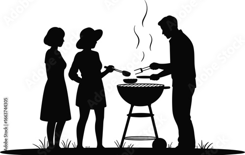Family enjoying outdoor barbecue grilling, summer cookout gathering, friends cooking together, backyard party, casual social event, delicious food preparation