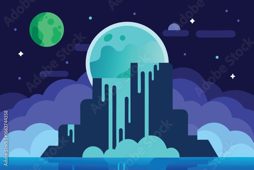 Abstract night landscape with moon, waterfall, and stars, creating a colorful and futuristic scene for exploration and adventure