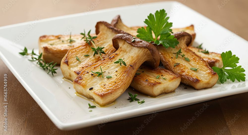 Seared King Trumpet mushrooms served on a minimalist plate. Gourmet vegetarian appetizer or dish, cooked and garnished with fresh herbs. Seared King Trumpet mushrooms served on a minimalist plate. Gourmet vegetarian appetizer or dish, cooked and garnished with fresh herbs.