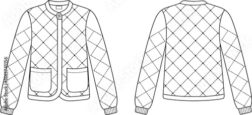 CAD drawing flat vector illustration of double-breasted trench coat, belted waist, sleeve strap detail, button closure, front and back garment view, outerwear fashion design sketch layout