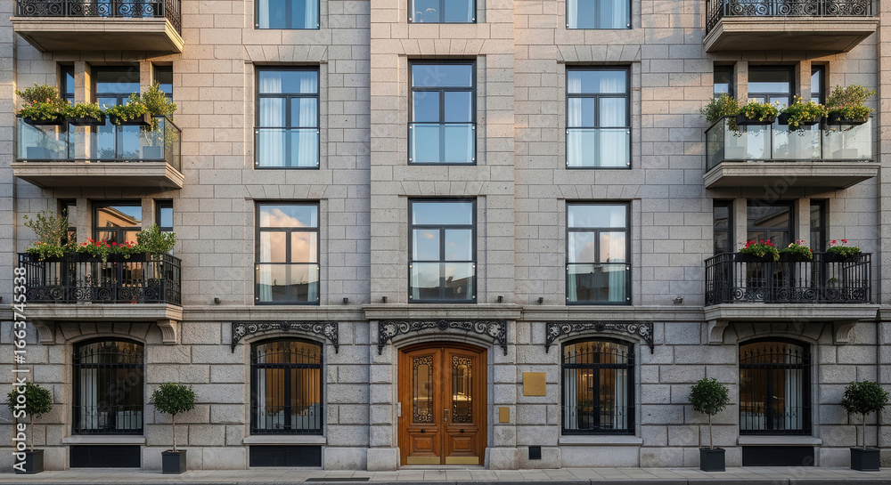 Elegant modern building facade featuring large windows, decorative balconies adorned with plants, and a welcoming entrance, showcasing architectural beauty and urban living Elegant modern building facade featuring large windows, decorative balconies adorned with plants, and a welcoming entrance, showcasing architectural beauty and urban living