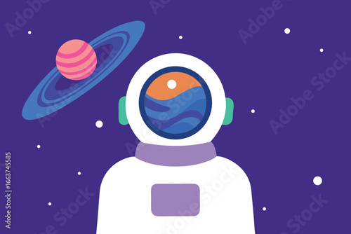 An astronauts helmet reflects a distant planet, symbolizing the wonder and mystery of space exploration in a cartoon illustration