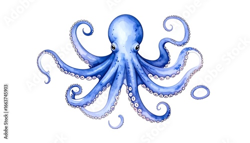 A detailed illustration of a vibrant blue octopus, depicted in a whimsical watercolor style against a pristine white backdrop.