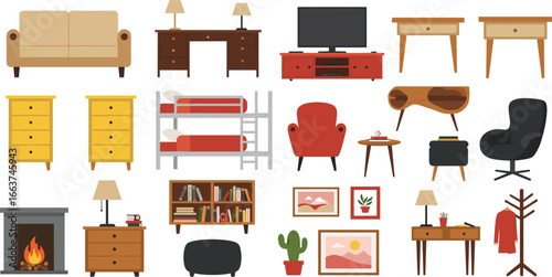 Modern Flat Design Furniture and Home Decor Icons: Living Room, Bedroom, Office Essentials