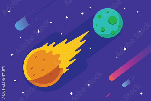 A comet streaks across space with a fiery tail, accompanied by a planet and stars, creating a dynamic and colorful cosmic scene