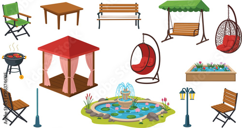 Outdoor Leisure Illustration: A vibrant collection of illustrations, portraying elements ideal for creating inviting outdoor leisure spaces and recreational areas.