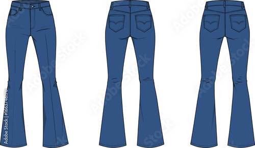 CAD drawing flat vector illustration of flared denim pants, front and back views, fashion sketch, stylish blue jeans design, technical garment template, clothing layout