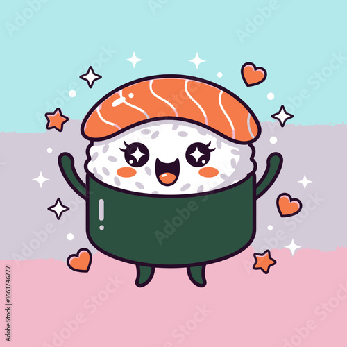 Adorable kawaii salmon sushi character with a cheerful expression, sparkling eyes, and arms raised in joy.
