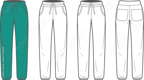 Flat sketch technical drawing of jogger pants, elastic waist, front and back views, fashion vector illustration, casual sportswear design, CAD template apparel mockup