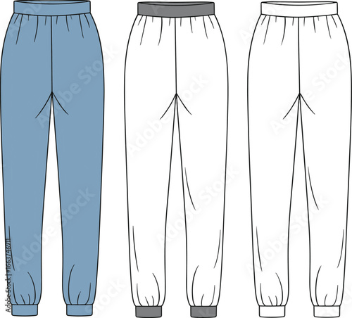 Flat technical sketch of men’s jogger pants with waistband and cuffed hem, CAD fashion vector for apparel design illustration