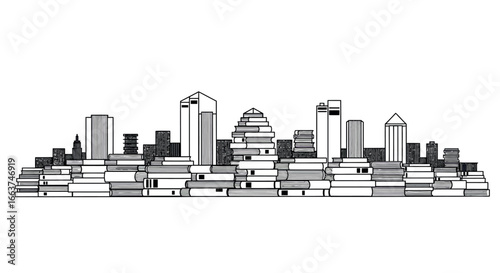 Book city skyline: black white architectural fantasy art