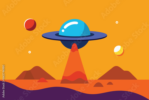 A cartoon ufo hovers over a desolate planet, casting a beam of light, symbolizing extraterrestrial visitation, technological mystery, and the unknown wonders of space