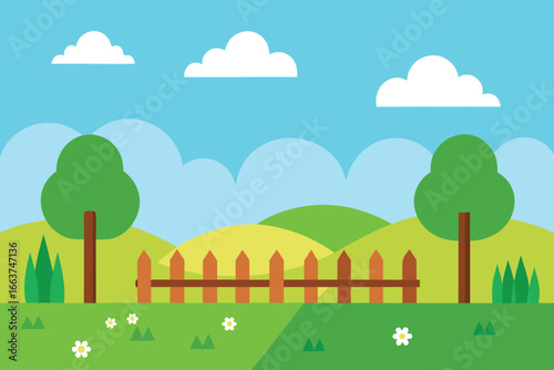 A serene countryside landscape with rolling green hills, a wooden fence, and fluffy white clouds under a bright blue sky creating a peaceful scene