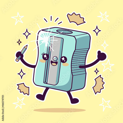 Cheerful Cartoon Pencil Sharpener Character Holding a Pencil and Giving a Thumbs Up