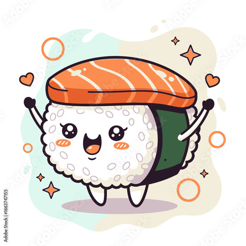 Cheerful Cartoon Salmon Nigiri Sushi with Arms Raised