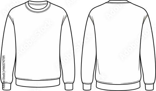 Flat vector CAD drawing of basic crew neck sweatshirt design, front and back view, long sleeves fashion sketch template