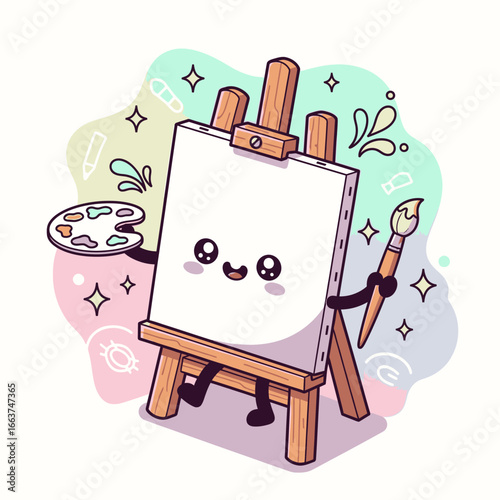 Cute Cartoon Easel with Blank Canvas and Paintbrush