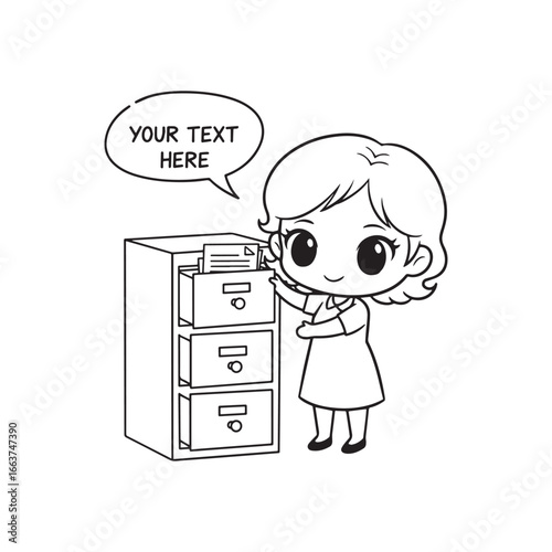Cute Cartoon Office Worker Organizing Files in a Filing Cabinet