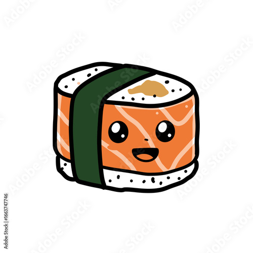 Cute Kawaii Salmon Nigiri Sushi Character with a Happy Smiling Face