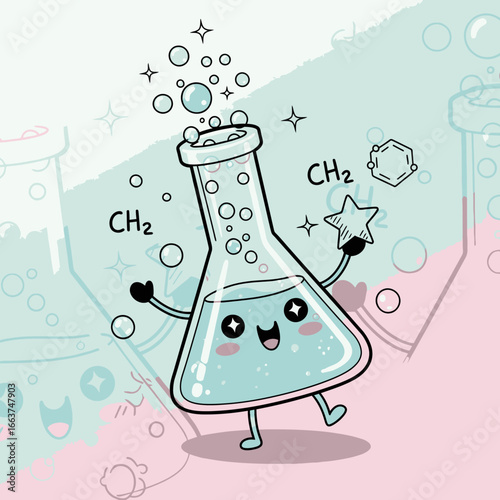Happy Cartoon Erlenmeyer Flask with Bubbles and a Star